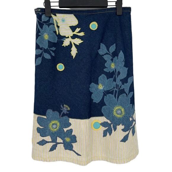 Ted Baker Denim A-Line Applique‎ Midi Skirt Cotton Floral Blue Yellow Women 2 - Picture 3 of 7